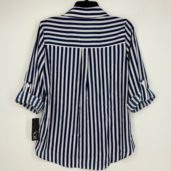 BCX Juniors Medium Button Front Shirt Blue White Stripe V-Neck Pockets Roll Tab - Picture 6 of 10